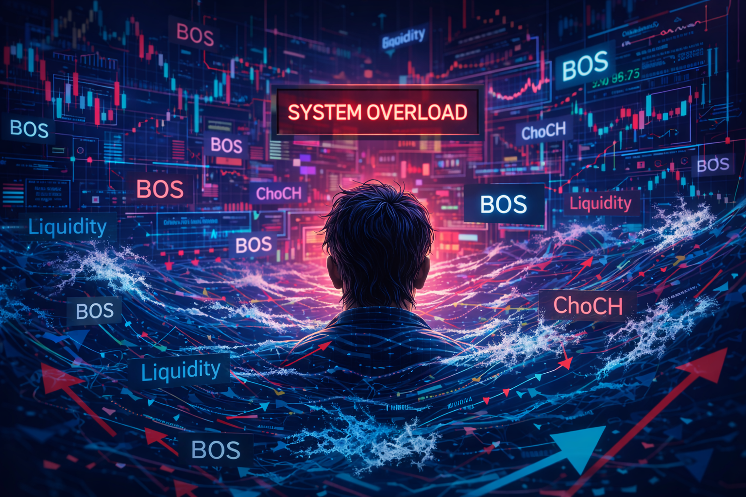 Illustration d'un trader dépassé par trop de lignes et d'étiquettes sur un graphique.