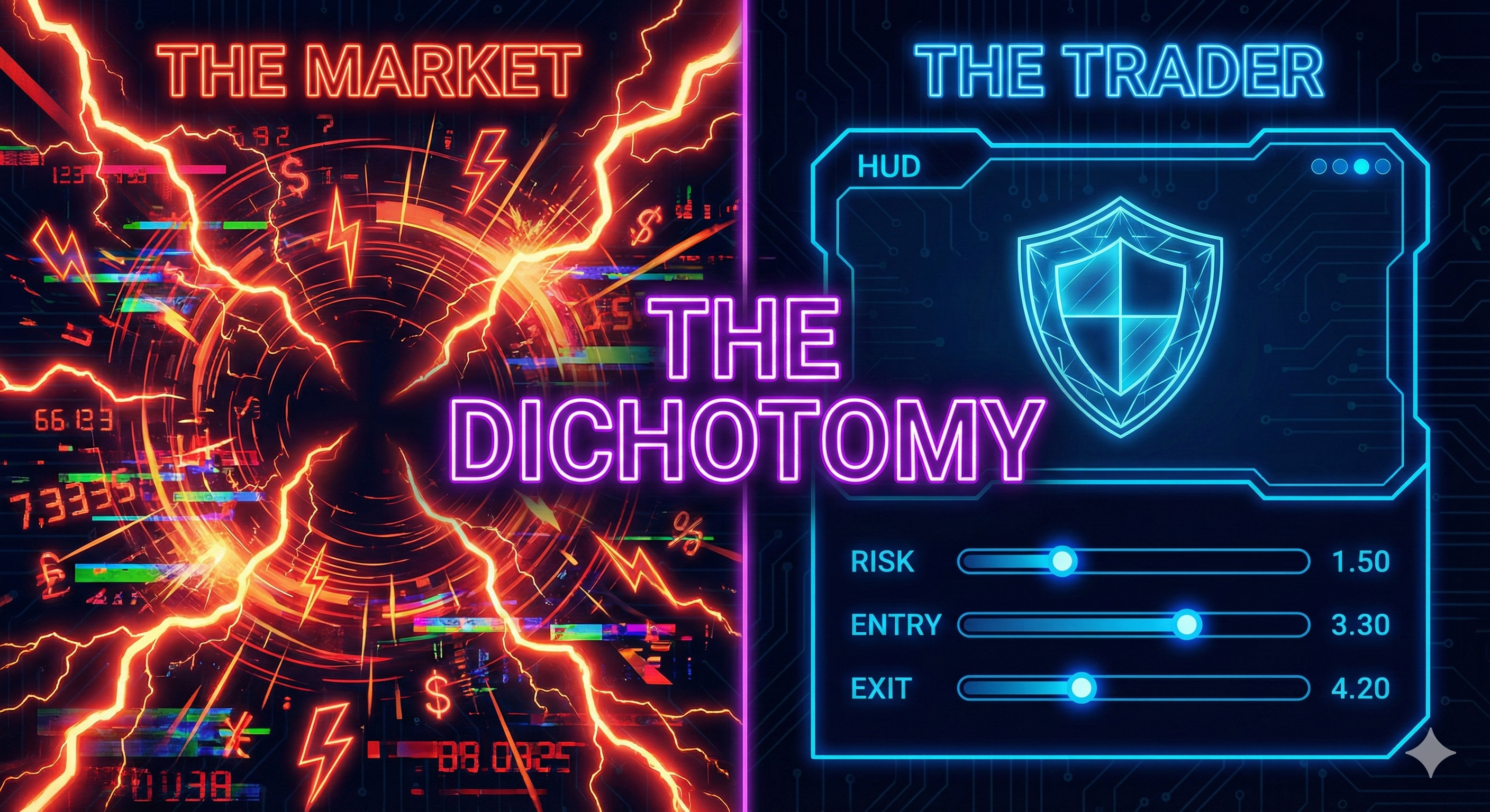 Écran scindé. Gauche : Tempête rouge chaotique (Marché). Droite : Interface HUD bleue propre (Contrôle du Trader). Texte : Externe vs Interne.