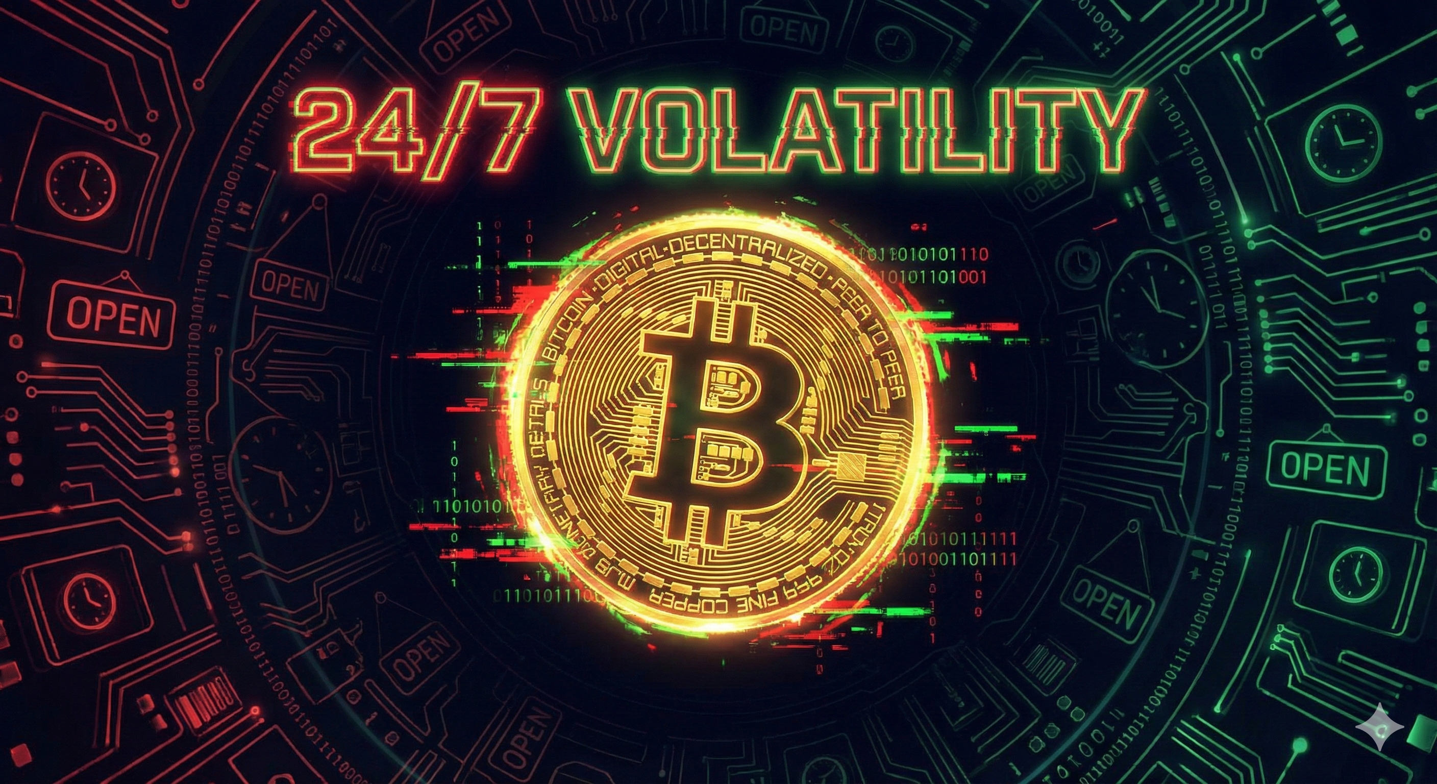Bitcoin 3D brillant dans un flux de données chaotique représentant la volatilité 24/7.