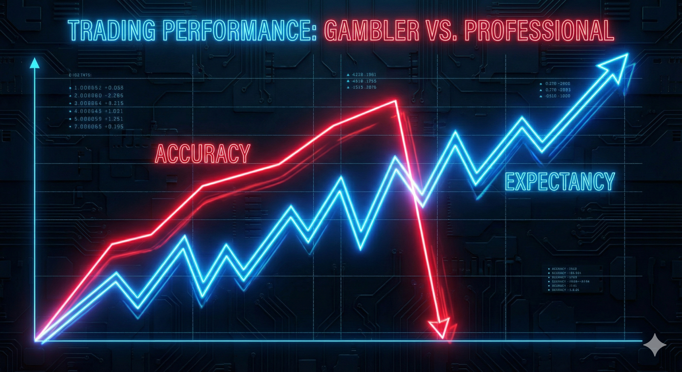 Graphique montrant deux courbes. Une à haut taux de réussite mais espérance négative (lente agonie). Une à faible taux mais espérance positive (en dents de scie mais montante).