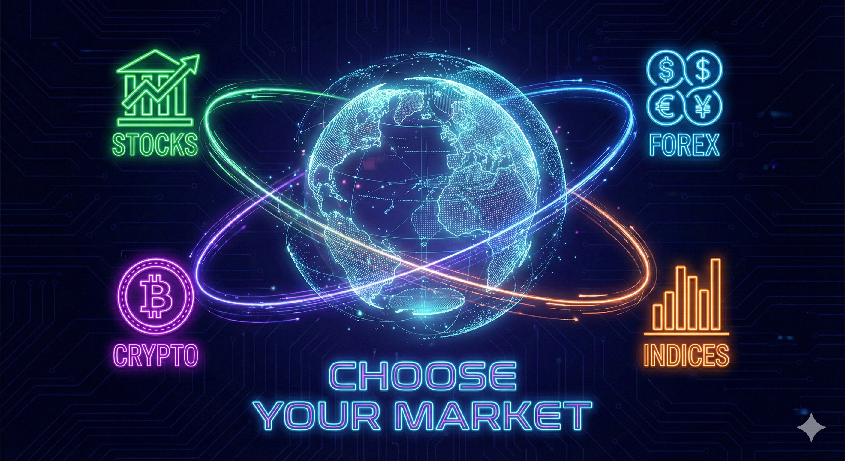 Hub holographique montrant Actions, Forex, Crypto et Indices orbitant autour d'un noyau central.