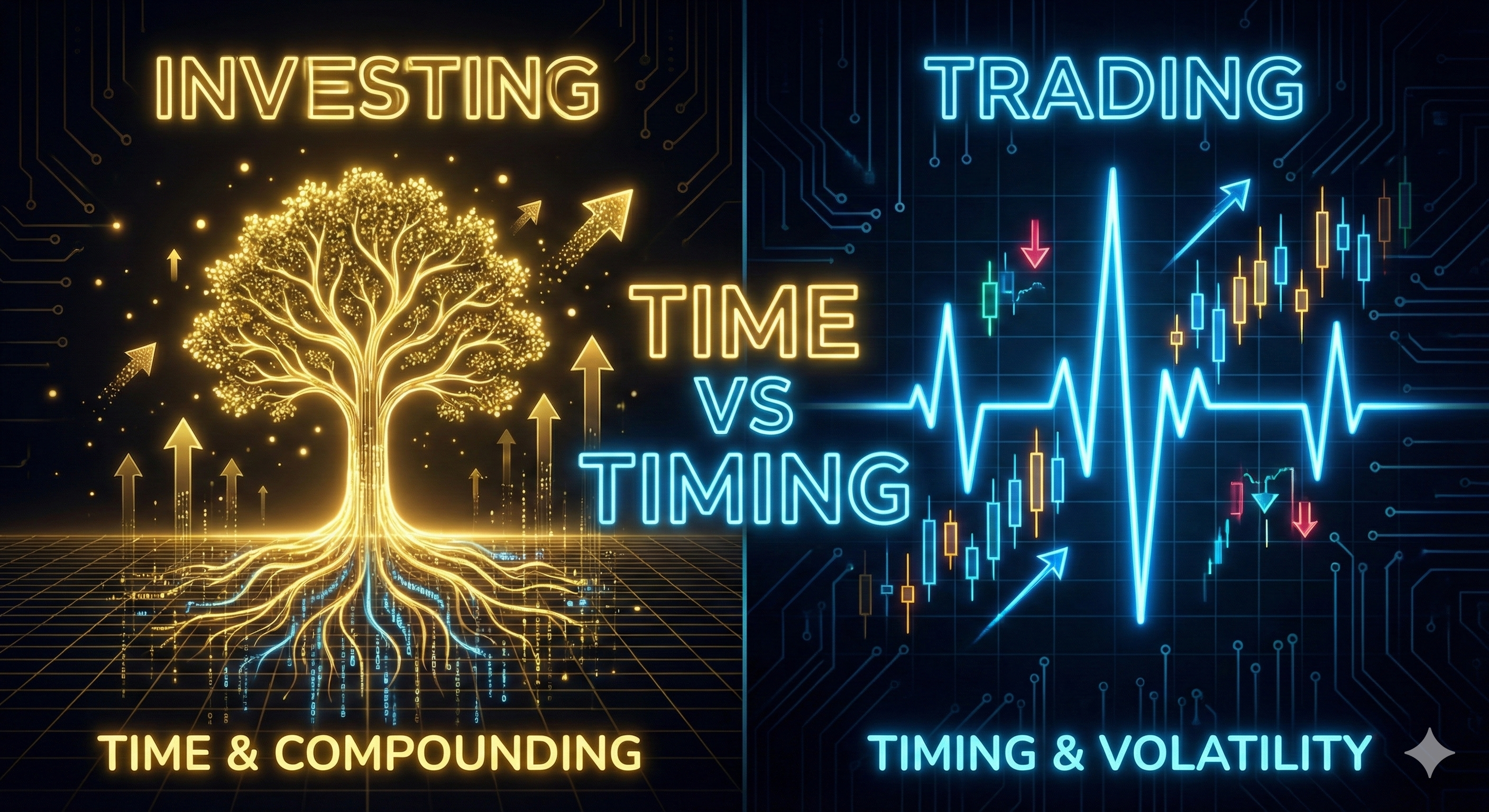 Comparaison écran scindé : croissance lente de l'investissement vs capture rapide de la volatilité en trading.