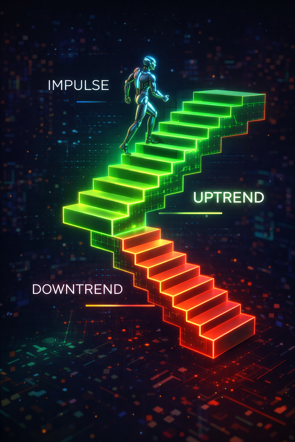 Escalier 3D illustrant la structure de marché avec des Hauts Plus Hauts et Bas Plus Hauts.