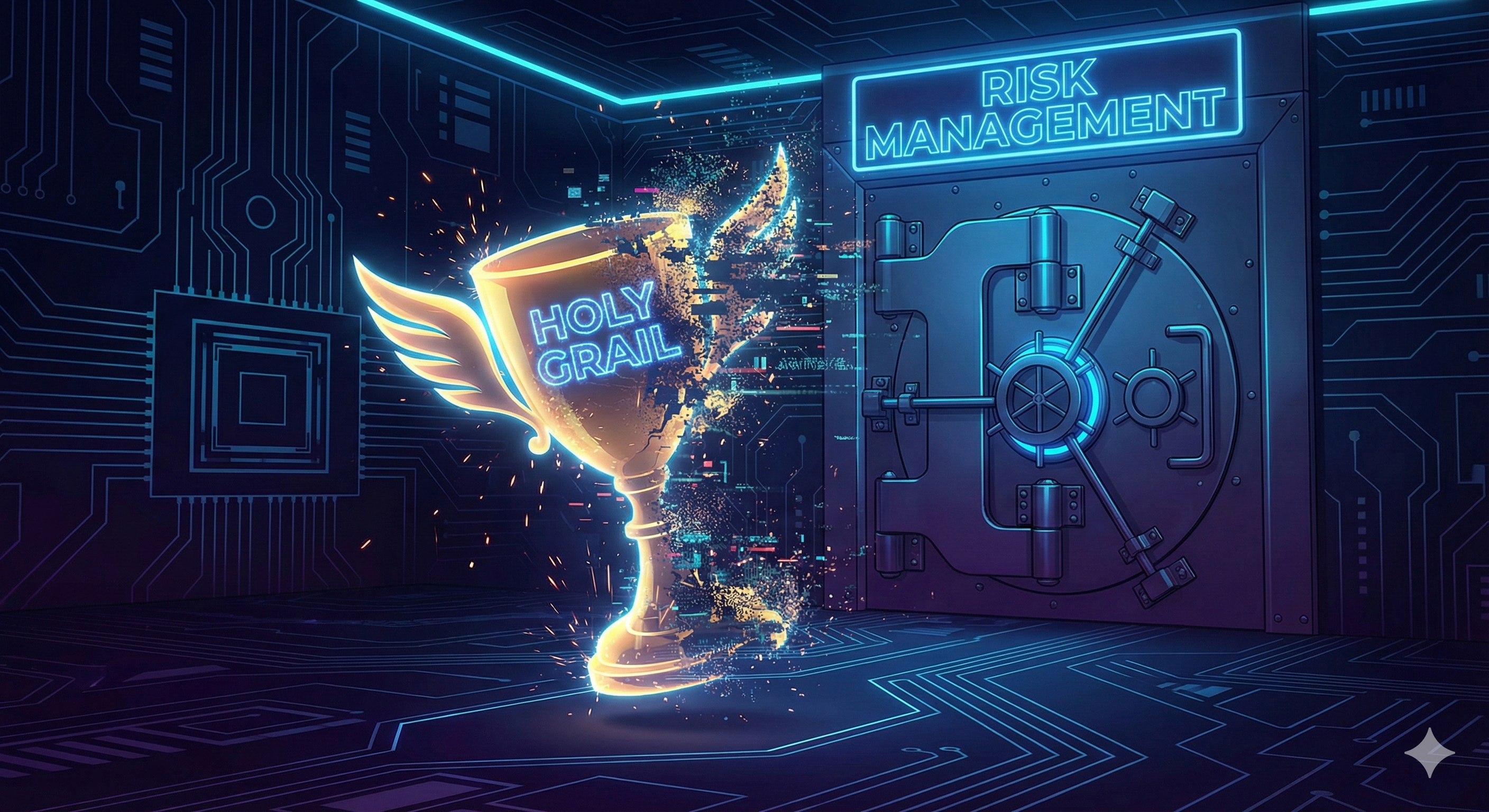 Illustration d'un Graal Doré qui bug (glitch), révélant les mots Gestion du Risque derrière lui.