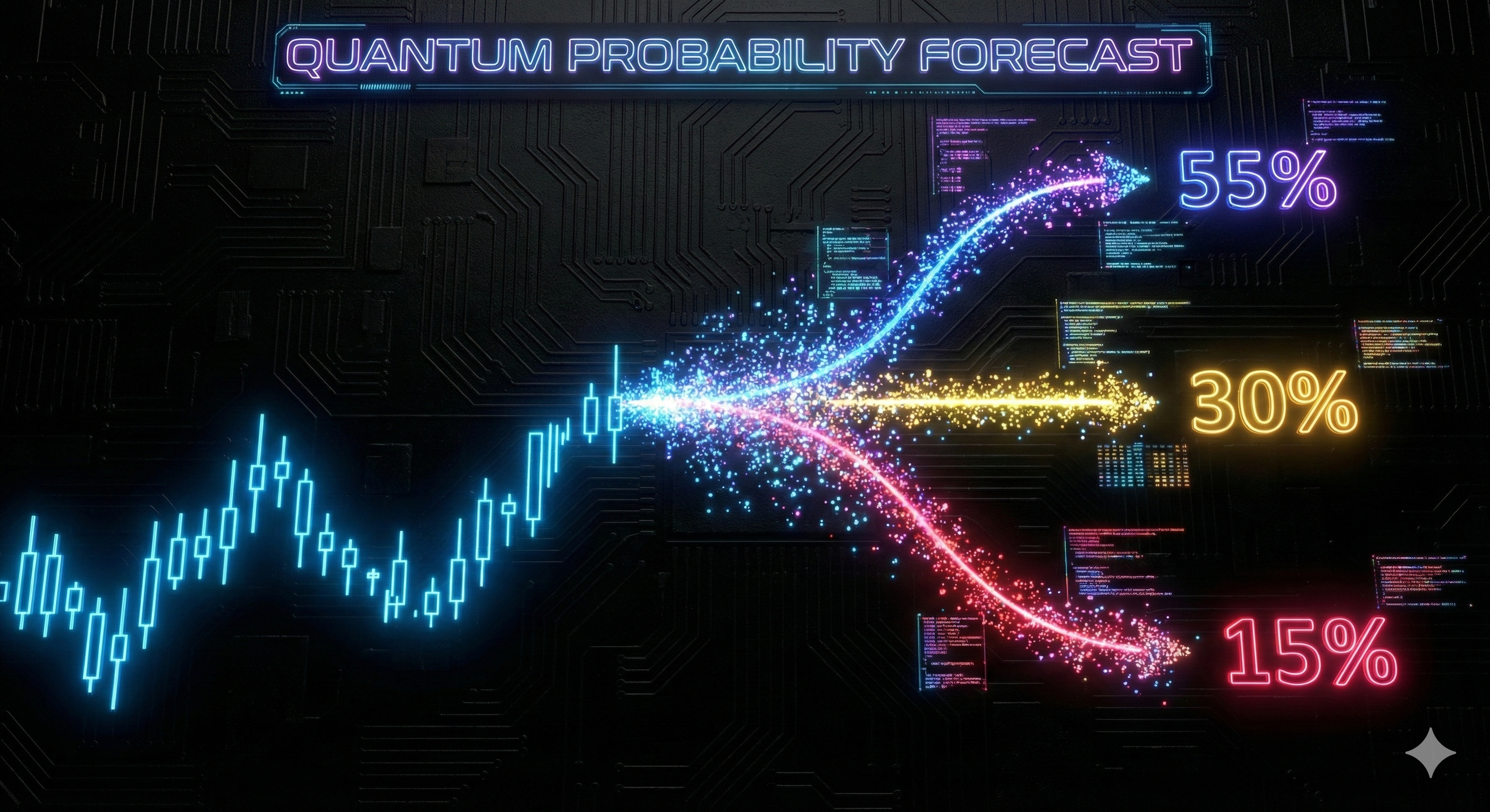 Visualisation d'un graphique en chandeliers se transformant en nuage de probabilités (champ quantique) montrant plusieurs chemins futurs.