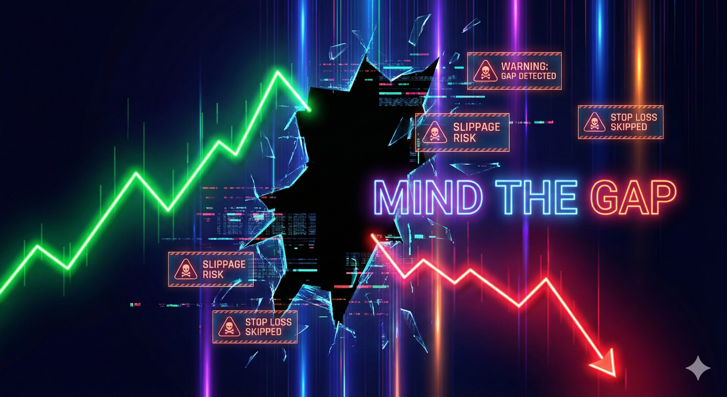 Graphique néon montrant une ligne de prix qui se déconnecte et réouvre beaucoup plus bas, illustrant un Gap.